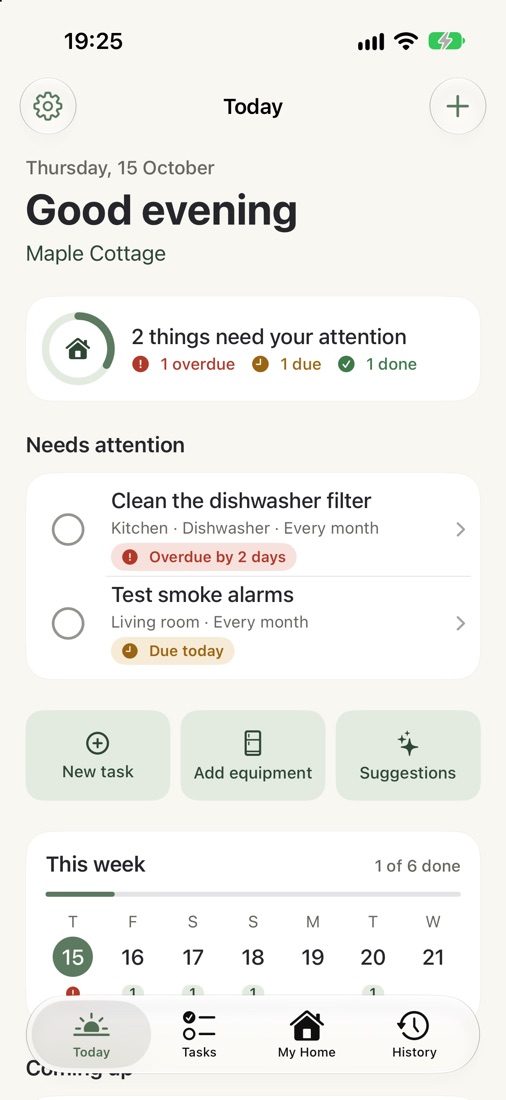 HomePing's Today screen showing tasks that need attention and the week ahead