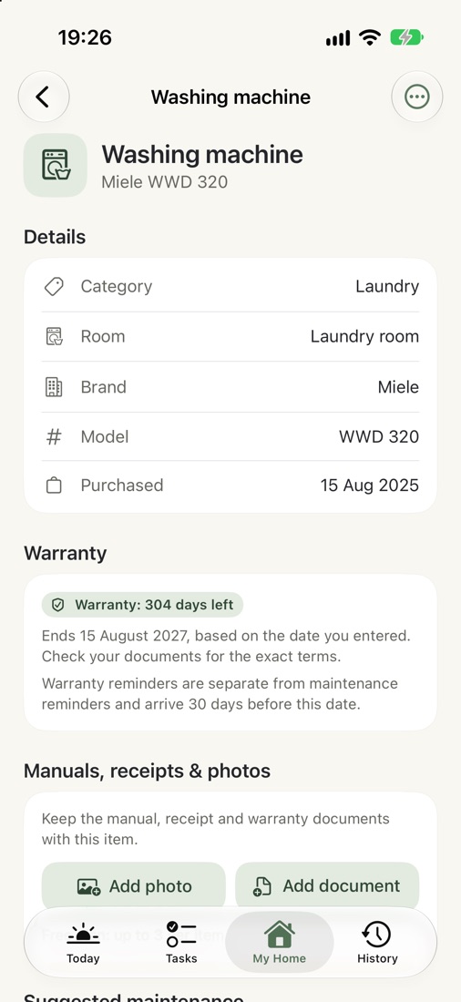 An appliance with its details and warranty countdown